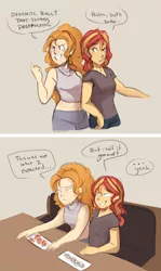 Size: 1280x2149 | Tagged: safe, artist:mlp-hearts, derpibooru import, adagio dazzle, sunset shimmer, equestria girls, belly, clothes, comic, dialogue, female, food, lesbian, midriff, shipping, sunsagio, sunset sushi, sushi, tanktop