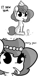 Size: 792x1584 | Tagged: safe, artist:tjpones, derpibooru import, oc, oc:brownie bun, unofficial characters only, earth pony, pony, horse wife, champagne, comic, confetti, dialogue, ear fluff, grayscale, hat, it chrismas, monochrome, mouth hold, new year, party hat, simple background, sitting, solo, white background