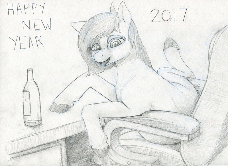 Size: 1280x930 | Tagged: 2017, alcohol, artist:difetra, bottle, chair, derpibooru import, drunk, happy new year, happy new year 2017, oc, oc:tera bit, safe, solo, unofficial characters only