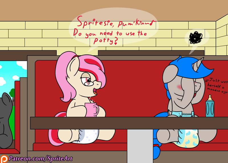 Size: 1400x1000 | Tagged: questionable, artist:spritepony, derpibooru import, oc, oc:sprite, oc:understudy, unofficial characters only, alicorn, pony, adult foal, alicorn oc, art trade, blushing, covering face, cute, diaper, diaper fetish, embarrassed, patreon, patreon logo, poofy diaper, shipping, sitting, urine, wet diaper