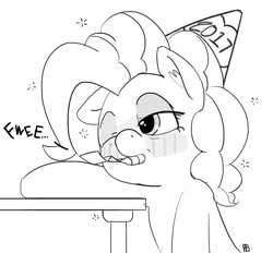 Size: 1280x1186 | Tagged: safe, artist:pabbley, derpibooru import, pinkie pie, cute, diapinkes, hangover, hat, monochrome, one eye closed, party hat, party horn, solo, tired