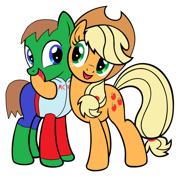 Size: 2880x2884 | Tagged: safe, derpibooru import, applejack, oc, oc:ian, earth pony, pony, base used, clothes, cowboy hat, duo, hat, jacket, ms paint, simple background, stetson, white background