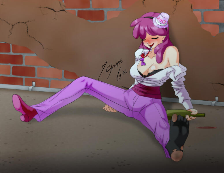 Size: 2786x2153 | Tagged: 2017, after party, alleyway, artist:shinta-girl, berry punch, berryshine, bottle, bra, breasts, busty berry punch, cleavage, clothes, derpibooru import, dirty, dirty socks, drunk, feet, female, happy new year, happy new year 2017, human, humanized, missing shoes, open clothes, open shirt, party, socks, solo, solo female, suggestive, torn socks, underwear