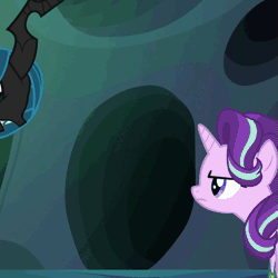 Size: 517x518 | Tagged: angry, animated, blinking, changeling, changeling queen, derpibooru import, female, floating, gif, queen chrysalis, safe, screencap, solo focus, starlight glimmer, to where and back again