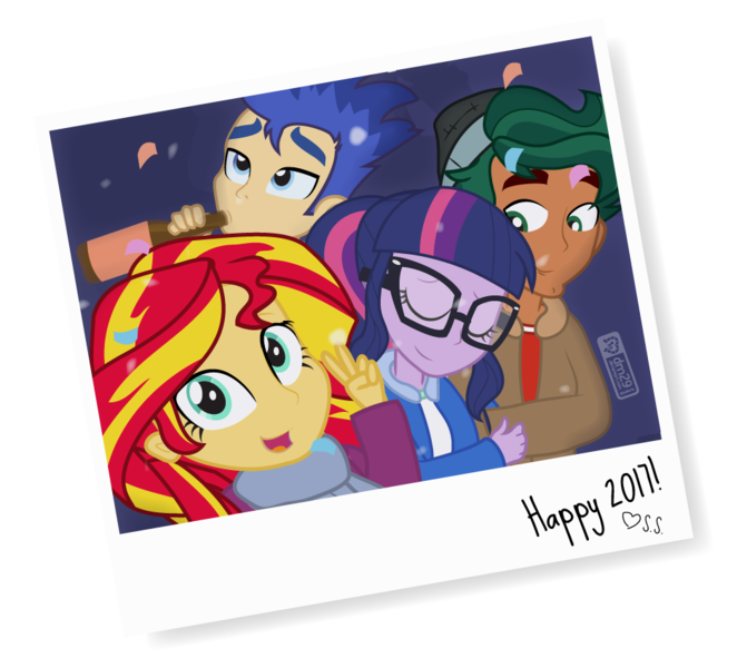 Size: 950x850 | Tagged: safe, artist:dm29, derpibooru import, flash sentry, sci-twi, sunset shimmer, timber spruce, twilight sparkle, equestria girls, 2017, alcohol, beer, cute, female, happy new year, happy new year 2017, male, new year, shipping, straight, timbertwi