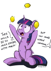 Size: 780x1080 | Tagged: safe, artist:tehflah, derpibooru import, twilight sparkle, twilight sparkle (alicorn), alicorn, pony, context is for the weak, dialogue, food, juggling, lemon, looking up, offscreen character, open mouth, simple background, sitting, solo, transparent background