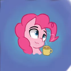 Size: 675x675 | Tagged: artist:purpleblackkiwi, bust, button, chocolate, cute, derpibooru import, drink, food, hot chocolate, pinkie pie, safe, solo, steam, winter