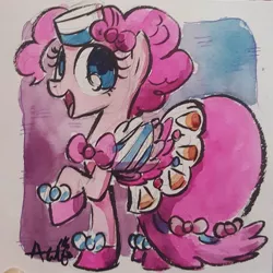 Size: 1080x1080 | Tagged: artist:agnesgarbowska, clothes, derpibooru import, dress, gala dress, looking at you, pinkie pie, safe, solo, traditional art, watercolor painting