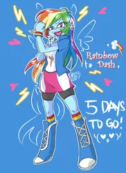 Size: 872x1200 | Tagged: safe, artist:aizy-boy, derpibooru import, part of a set, rainbow dash, equestria girls, boots, clothes, compression shorts, countdown, hype, part of a series, pixiv, ponied up, shorts, skirt, socks, solo