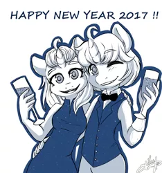 Size: 1280x1368 | Tagged: alcohol, anthro, artist:athyess, champagne, clothes, derpibooru import, dress, happy new year, oc, oc:lapiz, oc:sapphire, one eye closed, safe, smiling, suit, unofficial characters only, wink
