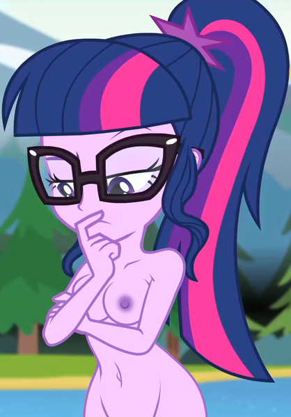 Size: 752x1080 | Tagged: questionable, artist:dirty mike, derpibooru import, edit, edited screencap, screencap, sci-twi, twilight sparkle, equestria girls, legend of everfree, breast edit, breasts, busty sci-twi, casual nudity, female, image, nipples, nude edit, nudity, png, practitioner of naturism, solo, solo female