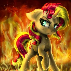 Size: 3024x3024 | Tagged: safe, artist:gaelledragons, derpibooru import, sunset shimmer, pony, badass, blood, cut, epic, fiery shimmer, fire, raised hoof, solo