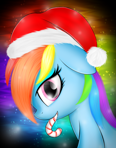 Size: 550x700 | Tagged: safe, derpibooru import, rainbow dash, candy, candy cane, food, hat, mouth hold, santa hat, solo