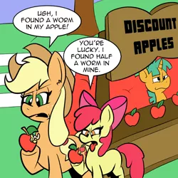 Size: 800x800 | Tagged: safe, artist:pembroke, derpibooru import, apple bloom, applejack, snails, earth pony, pony, unicorn, worm, ask pun, apple, apple sisters, ask, colt, disgusted, female, filly, foal, food, male, mare, siblings, sisters, speech bubble, tongue out
