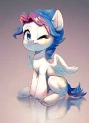 Size: 736x1024 | Tagged: safe, artist:locksto, derpibooru import, oc, unofficial characters only, pegasus, pony, looking at you, one eye closed, sitting, solo, spread wings, unshorn fetlocks, wink