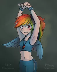 Size: 1354x1709 | Tagged: armpits, artist:kyaokay, artist:micky-ann, belly button, blushing, clothes, collaboration, derpibooru import, frown, gritted teeth, human, humanized, midriff, pants, rainbow dash, safe, solo, stretching, sweatband, sweatpants, tanktop, whistle, winged humanization