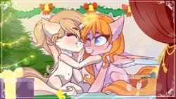 Size: 1280x720 | Tagged: safe, artist:feekteev, derpibooru import, oc, unofficial characters only, pegasus, pony, unicorn, alcohol, bell, belly button, blushing, chest fluff, chibi, christmas lights, christmas tree, eyes closed, floppy ears, heart eyes, levitation, magic, nuzzling, one eye closed, present, sitting, smiling, spread wings, telekinesis, tree, wine glass, wingding eyes