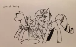 Size: 1024x645 | Tagged: artist:moetomoe, canterlot boutique, clothes, derpibooru import, dress, mannequin, monochrome, princess dress, rarity, safe, solo, traditional art