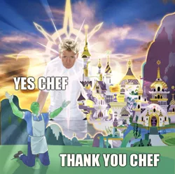 Size: 954x950 | Tagged: adoration, apron, canterlot, clothes, crepuscular rays, derpibooru import, digital drawing, gordon ramsay, human, image macro, kneeling, lunchlady, meme, mixed media, oc, oc:anon, pastiche, reaction image, safe