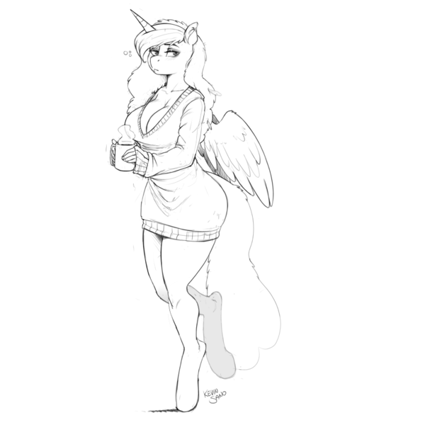 Size: 900x900 | Tagged: safe, artist:kevinsano, derpibooru import, princess luna, anthro, unguligrade anthro, bottomless, breasts, busty princess luna, cleavage, clothes, coffee, collarbone, commission, female, grayscale, looking at you, monochrome, morning ponies, mug, partial nudity, shirt, simple background, sketch, sleepy, solo, sweater, tired