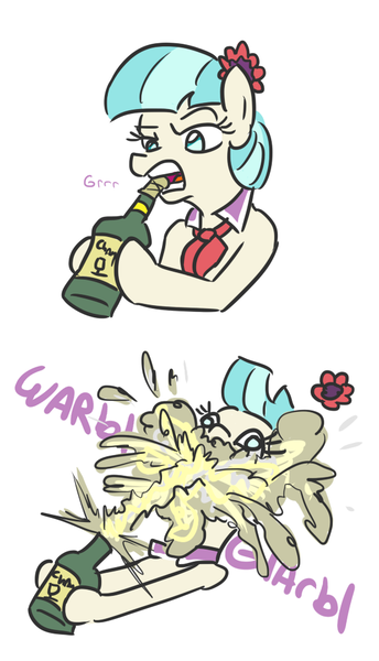 Size: 587x1024 | Tagged: safe, artist:jargon scott, derpibooru import, coco pommel, earth pony, pony, alcohol, champagne, clothes, comic, cork, derp, earth pony problems, female, flower, frown, glare, growling, hoof hold, horse problems, mare, mouth hold, silly, silly pony, simple background, solo, wharrgarbl, white background, wide eyes