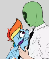 Size: 296x354 | Tagged: safe, artist:mostazathy, derpibooru import, rainbow dash, oc, oc:anon, human, pony, crying, duo, floppy ears, holding a pony, looking at each other, profile, sad, simple background, teary eyes