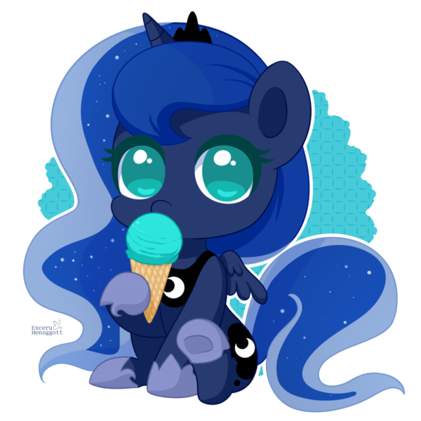 Size: 1024x1024 | Tagged: artist:exceru-karina, chibi, crown, cute, derpibooru import, eating, ethereal mane, food, hnnng, hoof hold, ice cream, ice cream cone, jewelry, looking at you, lunabetes, princess luna, regalia, safe, simple background, solo, starry mane, transparent background