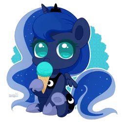 Size: 1024x1024 | Tagged: artist:exceru-karina, chibi, crown, cute, derpibooru import, eating, ethereal mane, food, hnnng, hoof hold, ice cream, ice cream cone, jewelry, looking at you, lunabetes, princess luna, regalia, safe, simple background, solo, starry mane, transparent background