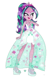 Size: 390x572 | Tagged: safe, artist:gihhbloonde, derpibooru import, aria blaze, equestria girls, bare shoulders, base used, braid, clothes, dress, eyelashes, female, gala dress, high heels, image, makeup, png, shoes, simple background, sleeveless, smiling, solo, strapless, transparent background