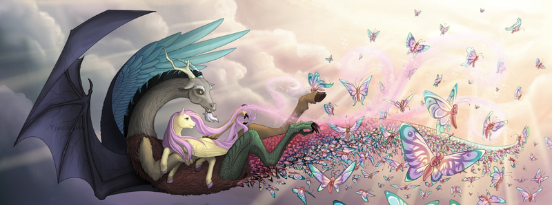 Size: 1600x596 | Tagged: safe, artist:yiuokami, derpibooru import, discord, fluttershy, butterfly, draconequus, pegasus, pony, cloud, colored hooves, crepuscular rays, discoshy, female, floating, flying, holding, looking away, looking up, male, mare, realistic anatomy, realistic horse legs, shipping, sky, spread wings, straight, sunlight, windswept mane