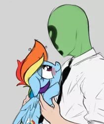 Size: 380x450 | Tagged: safe, artist:mostazathy, color edit, derpibooru import, edit, edited edit, rainbow dash, oc, oc:anon, human, pony, bedroom eyes, blushing, colored, cropped, cute, dashabetes, floppy ears, holding a pony, hug, smiling