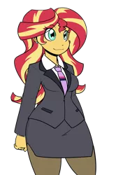 Size: 1237x1861 | Tagged: dead source, safe, artist:reiduran, derpibooru import, sunset shimmer, equestria girls, breasts, clothes, cute, ear piercing, earring, female, implied lesbian, implied shipping, implied sunsetsparkle, jewelry, leggings, necktie, pantyhose, piercing, shimmerbetes, shirt, side slit, skirt, skirt suit, smiling, solo, suit, thighs, white shirt, wide hips