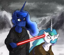 Size: 2300x2000 | Tagged: abuse, anthro, artist:shimazun, celestiabuse, crossover, derpibooru import, lightsaber, princess celestia, princess luna, royal sisters, semi-grimdark, sith, snow, star wars, weapon