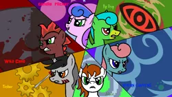 Size: 900x506 | Tagged: safe, artist:vorian caverns, derpibooru import, oc, oc:able, oc:bip drop, oc:candle flicker, oc:tinker, oc:vorian caverns, oc:wild card, unofficial characters only, pony, angry, bust, cutie mark, different muzzle colour, female, freckles, group, heterochromia, male, mare, portrait, signature, stallion, text