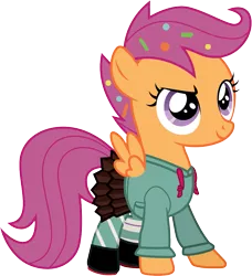Size: 1001x1097 | Tagged: artist:cloudyglow, clothes, clothes swap, cosplay, costume, crossover, cute, cutealoo, derpibooru import, disney, food, safe, scootaloo, simple background, smiling, solo, sprinkles, transparent background, vanellope von schweetz, vector, wreck-it ralph