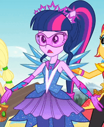 Size: 276x338 | Tagged: safe, derpibooru import, screencap, applejack, sci-twi, sunset shimmer, twilight sparkle, equestria girls, legend of everfree, animated, cropped, crystal guardian, crystal wings, gif, ponied up, super ponied up