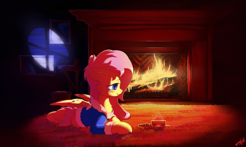 Size: 2000x1200 | Tagged: safe, artist:freeedon, derpibooru import, fluttershy, pegasus, pony, blue sweater, blushing, bottomless, carpet, chin fluff, clothes, colored pupils, cookie, cup, cute, ear fluff, female, fire, fireplace, fluffy, food, indoors, mare, neck fluff, night, on floor, partial nudity, pink hair, pink mane, pink tail, prone, rug, shyabetes, smiling, solo, story in the source, sweater, sweatershy, tea, teacup, window light, yellow coat