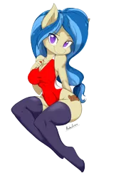 Size: 2484x3800 | Tagged: suggestive, artist:demonfox, derpibooru import, oc, oc:sandy rivers, unofficial characters only, anthro, earth pony, plantigrade anthro, anthro oc, big breasts, blue hair, breasts, cleavage, clothes, commission, erect nipples, female, looking at you, nipple outline, one-piece swimsuit, simple background, smiling, solo, solo female, swimsuit, transparent background