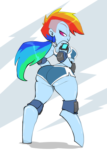 Size: 555x803 | Tagged: artist:bigdad, clothes, derpibooru import, headphones, human facial structure, large butt, pads, pony colored satyr, pony coloring, rainbow dash, rainbutt dash, satyr, shorts, solo, suggestive, the ass was fat