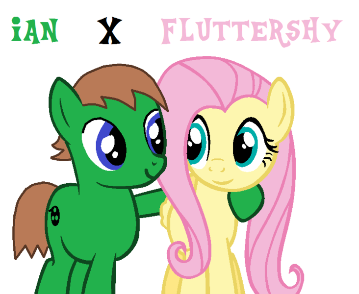Size: 812x666 | Tagged: safe, derpibooru import, fluttershy, oc, oc:ian, earth pony, pony, arm around neck, base used, canon x oc, looking at each other, male, ms paint, self insert, shipping, simple background, smiling, specific name, straight, white background