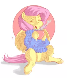 Size: 1080x1250 | Tagged: safe, artist:mongol, derpibooru import, fluttershy, pegasus, pony, blue sweater, bottomless, clothes, digital art, eyes closed, featureless crotch, female, hoof hold, mare, mug, open mouth, partial nudity, pink hair, pink mane, pink tail, sitting, solo, sweater, sweatershy, turtleneck, yellow coat