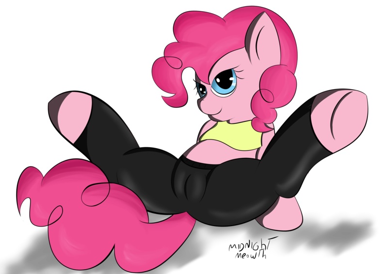 Size: 3507x2480 | Tagged: questionable, artist:midnightmeowth, derpibooru import, pinkie pie, cameltoe, clothes, leggings, midriff, short shirt, solo, spreading, spread legs