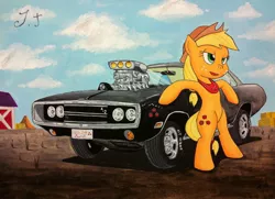 Size: 1280x928 | Tagged: safe, artist:jet-ann, derpibooru import, applejack, pony, bipedal, car, dodge charger, fast and furious, solo, traditional art