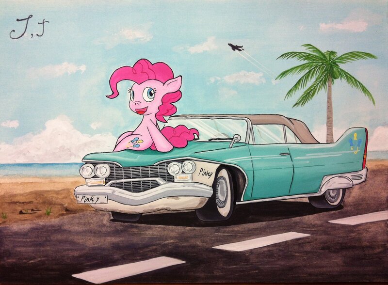 Size: 1600x1175 | Tagged: artist:jet-ann, beach, car, derpibooru import, pinkie pie, safe, solo, traditional art