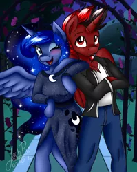 Size: 1600x2009 | Tagged: alicorn, alicorn oc, anthro, arm hooves, artist:jack-pie, blushing, clothes, commission, crossed hooves, crown, cute, derpibooru import, dress, eyeshadow, jacket, jewelry, lunabetes, makeup, oc, oc:fowac, one eye closed, open mouth, pants, princess luna, regalia, royal gardens, safe, shipping, spread wings, unguligrade anthro, wink
