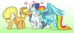 Size: 1280x586 | Tagged: safe, artist:crackiepipe, derpibooru import, applejack, rainbow dash, rarity, female, heart, kiss on the cheek, kiss sandwich, kissing, lesbian, polyamory, raridash, rarijack, rarijackdash, shipping