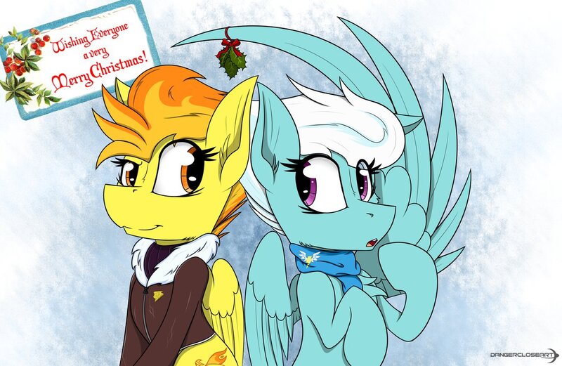 Size: 1108x721 | Tagged: artist:dangercloseart, christmas, clothes, derpibooru import, female, fleetfire, fleetfoot, holly, holly mistaken for mistletoe, lesbian, safe, shipping, spitfire