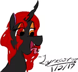 Size: 340x314 | Tagged: safe, artist:lyracorn, derpibooru import, changeling queen oc, oc, oc:queen toxicity, unofficial characters only, changeling, changeling queen, bust, changeling oc, female, orange, red changeling, red mane, solo, tongue out