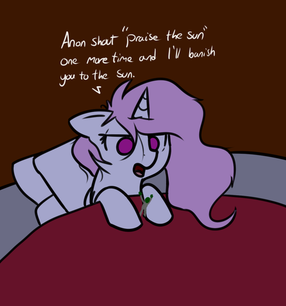 Size: 1196x1279 | Tagged: safe, artist:neuro, derpibooru import, princess celestia, oc, oc:anon, human, pony, bed, blanket, colored pupils, dialogue, floppy ears, giant pony, lidded eyes, macro, open mouth, pillow, praise the sun, tired, unamused