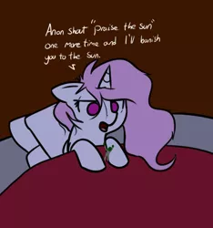 Size: 1196x1279 | Tagged: safe, artist:neuro, derpibooru import, princess celestia, oc, oc:anon, human, pony, bed, blanket, colored pupils, dialogue, floppy ears, giant pony, lidded eyes, macro, open mouth, pillow, praise the sun, tired, unamused